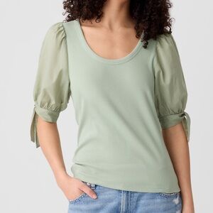 Gap Women M Sage Green Mixed Media Scoop Neck Puff Tie-Sleeve T-Shirt NWT